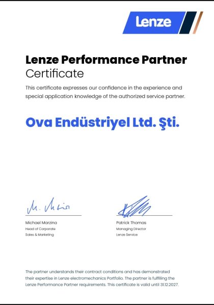 Lenze Performance Partner Sertifikası